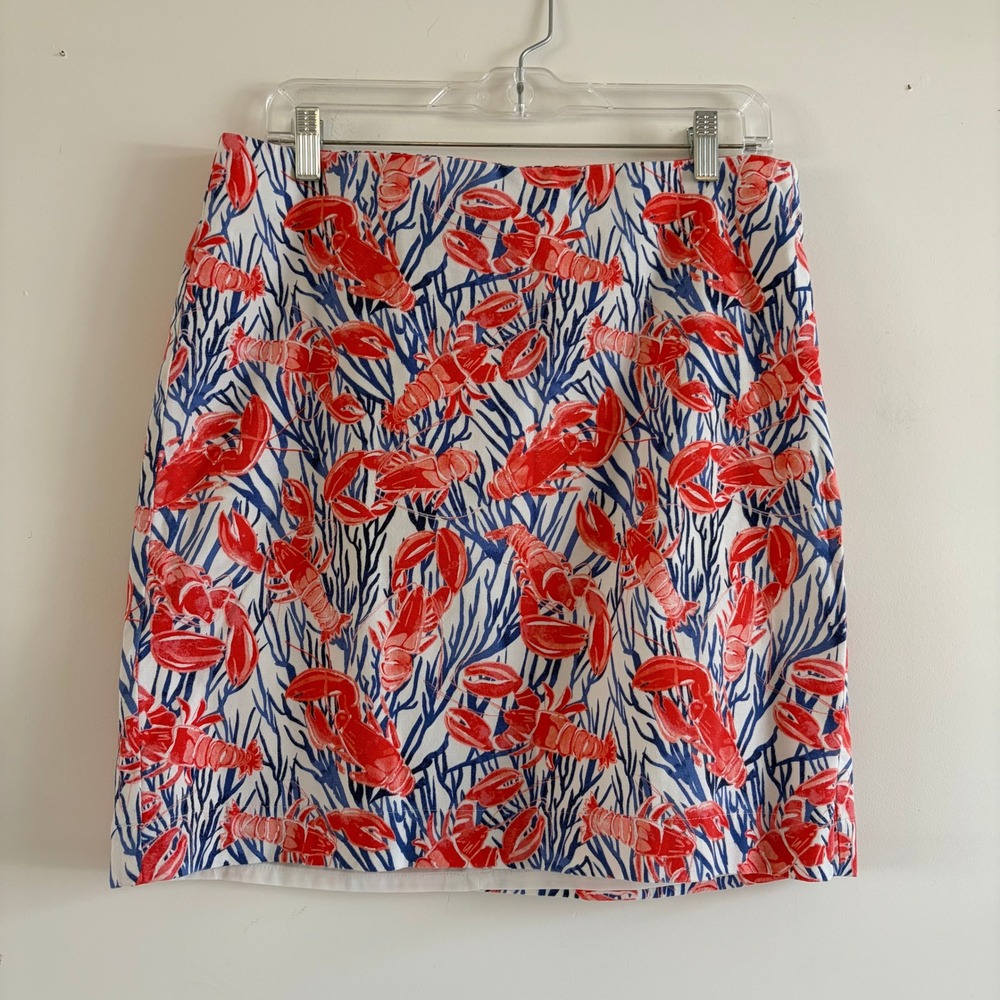 Talbots Womens 8 Red Blue Lobster Print A-Line Mini Skirt Cotton Blend Coastal